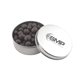 a silver round tin with choc espresso beans