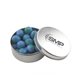 a silver round tin with chocolate globes