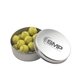 a silver round tin with chocolate tennis balls