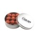 a silver round tin with chocolate basketballs
