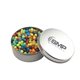 a silver round tin with mini jawbreakers