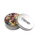 a silver round tin with jelly bellies