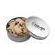 a silver round tin with animal crackers