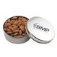 a silver round tin with almonds