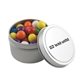 a silver round tin with gumballs
