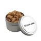 a silver round tin with cashews