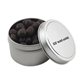 a silver round tin with choc espresso beans