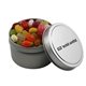 a silver round tin with jelly bellies