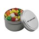 a silver round tin with mini chicklets