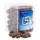 a clear acrylic box with choc covered raisins