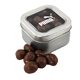 a silver window tin with choc peanuts