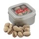 a silver window tin with pistachios