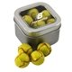 a silver window tin with chocolate tennis balls