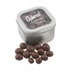 a silver window tin with chocolate peanuts