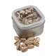a silver window tin with pistachios