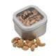 a silver window tin with cashews