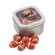 a silver window tin with chocolate footballs