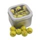 a silver window tin with chocolate tennis balls