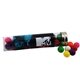 a clear tube with gumballs