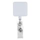 aerial view a white 30 cord square retractable badge reel and badge holder with metal rotating alligator clip backing with color imprint, image 1 of 2