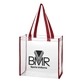 aerial view a clear with maroon trim clear vinyl game tote bag, image 1 of 3