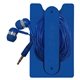 aerial view a blue phone wallet with earbuds, image 1 of 4