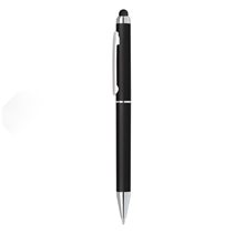 a black blackpen twist - action plastic ballpoint pen in black w / stylus and chrome points