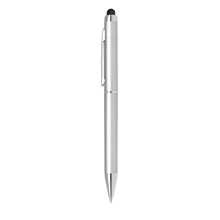 a silver blackpen twist - action plastic ballpoint pen in silver w / stylus and chrome points