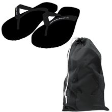 a black adult flip flops in mesh drawstring bag