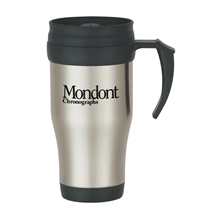 aerial view a silver with black accents 16 oz stainless steel slide action travel mug, image 1 of 2