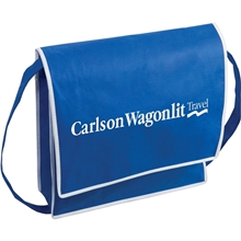 aerial view a blue with white trim 100 non - woven polypropylene courier tote bag, image 1 of 2