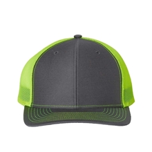aerial view a charcoal/ neon yellow richardson trucker snapback cap, image 1 of 3