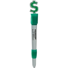 aerial view a white/green ballpoint light up dollar sign pen, image 1 of 2
