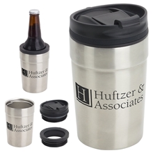 aerial view a silver carousal 12 oz copper - coated tumbler + can cooler, image 1 of 2
