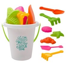 a white bucket w/green handle and assorted tool colors colorful beach bucket set