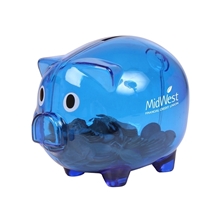 aerial view a translucent blue translucent piggy bank coin bank, image 1 of 2