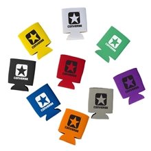 aerial view a group of promotional custom collapsible faux neoprene can cooler cup holder, image 1 of 2