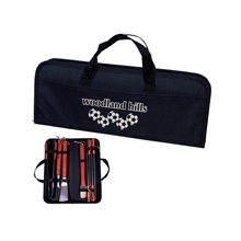 aerial view a black 8 piece portable polyester barbeque (bbq) set, image 1 of 2