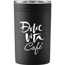 aerial view a black sherpa 11 oz vacuum tumbler insulator with double - walled construction, image 1 of 6