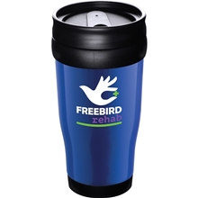 aerial view a blue 16 oz columbia plastic double wall insulated tumbler, image 1 of 2