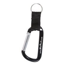 aerial view a black carabiner with strap and split ring keychain, image 1 of 2