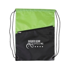aerial view a lime green 2- tone zippered drawstring backpack - 13 x 16.75, image 1 of 2
