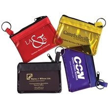 aerial view a group of the rainbow translucent / crystal clear zip pouches w / key ring, image 1 of 2