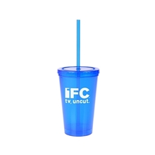 aerial view a translucent blue usa made 16 oz double - wall tumbler, image 1 of 2