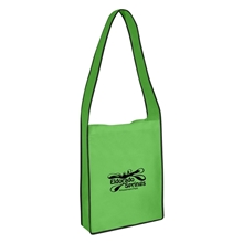aerial view a lime green non - woven messenger tote bag with hook and loop closure, image 1 of 2