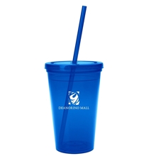 aerial view a translucent blue 16 oz sunsplash double wall tumbler, image 1 of 3
