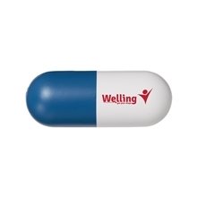 aerial view a white/blue pill shape stress ball, image 1 of 5