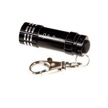 aerial view a black micro 3 led flashlight with keychain, image 1 of 2