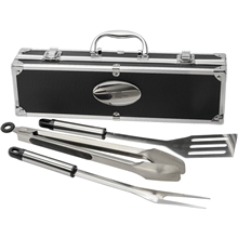 aerial view a black 3 piece bbq set in aluminum case, image 1 of 3