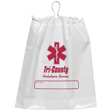 aerial view a white plastic bag w / cotton drawstring 16x 18, image 1 of 2